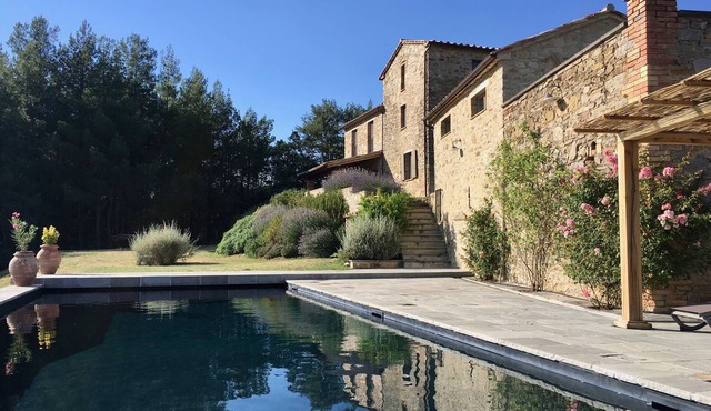 Stunning hilltop villa with amazing views, pool, olive grove, vines and woods.